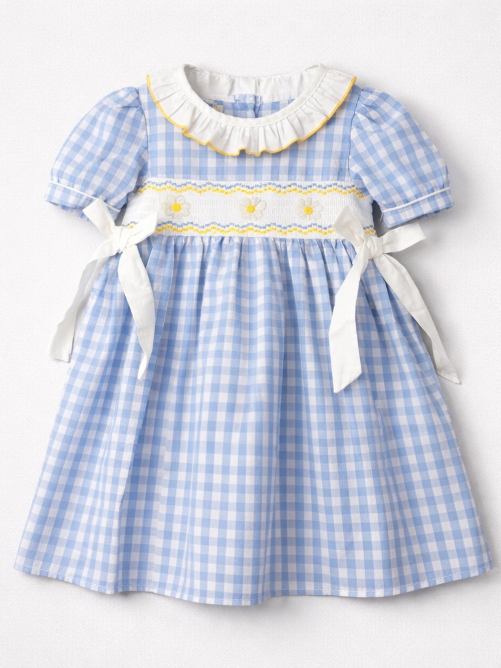 Rylee Faith Designs blue and white gingham smocked dress daisy floral embroidery